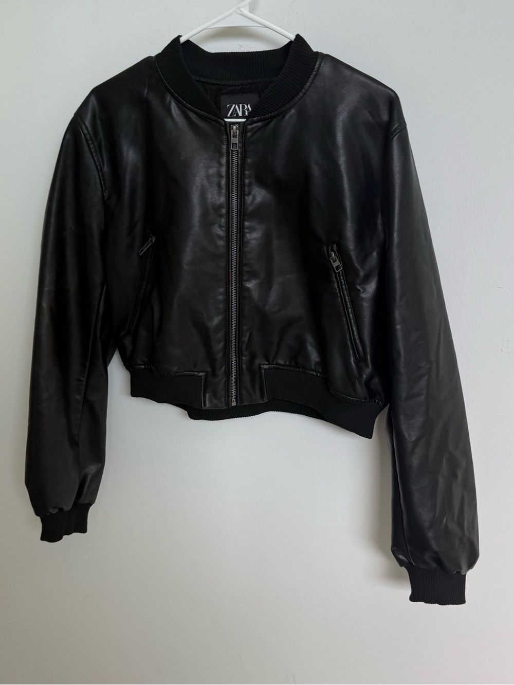 Zara Black Faux Leather Bomber with Ribbed Trim